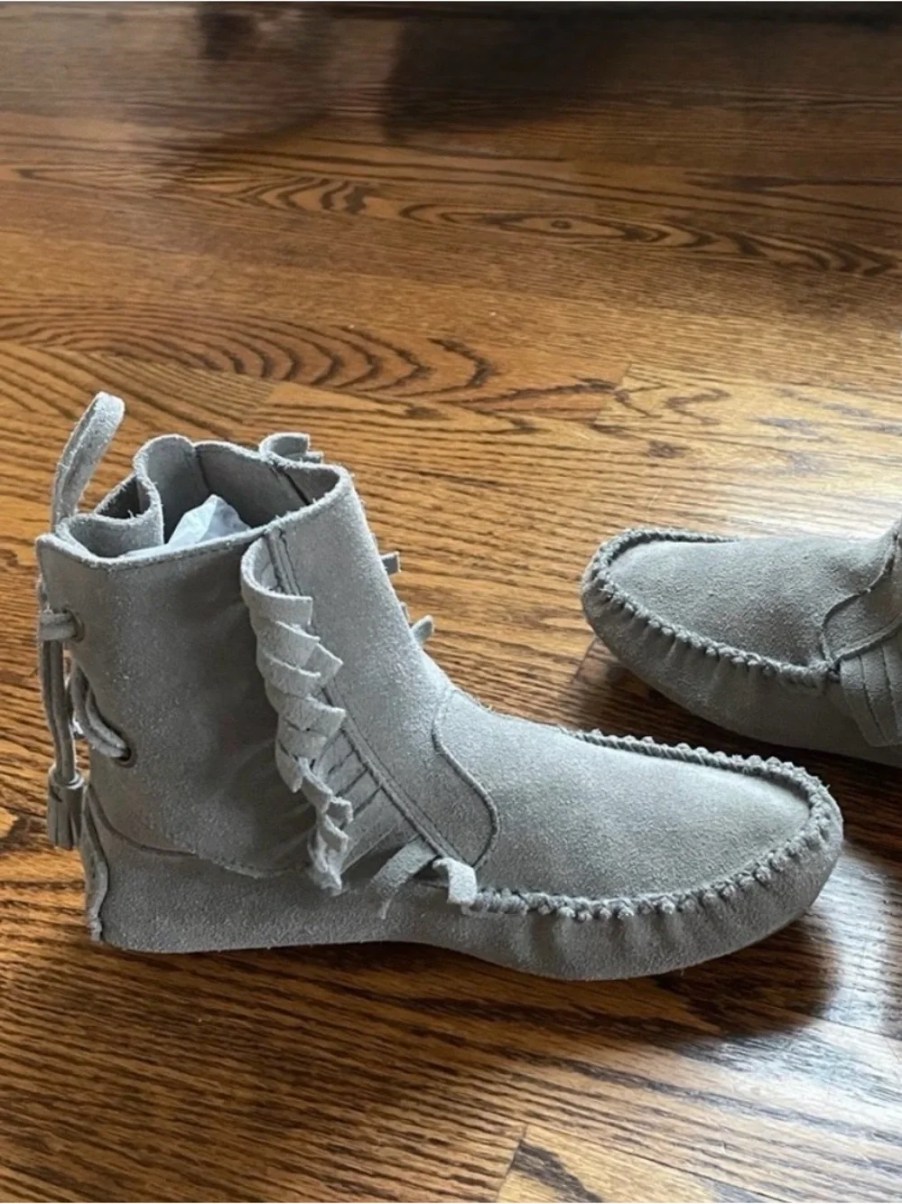 Boho J. CREW Moccasins SIENNA Shoes Suede Leather Vintage Gray Fringed Size 7.5
